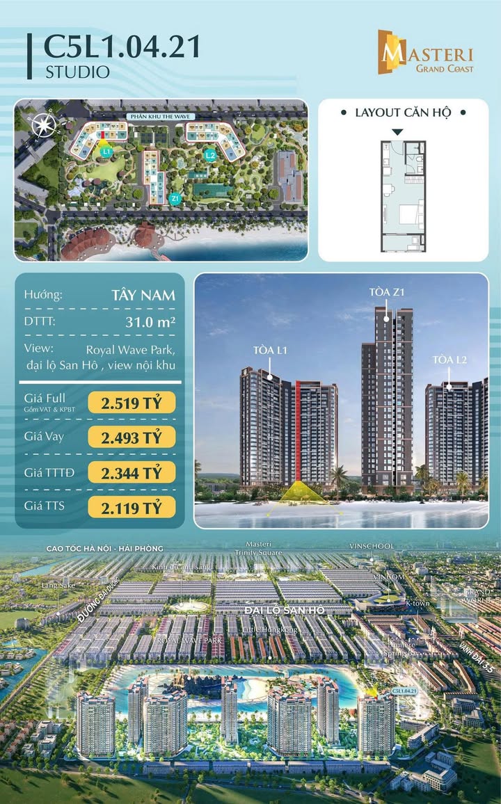 Studio Masteri Grandeur 31m² Hưng Yên - Sổ Hồng Sẵn Sàng