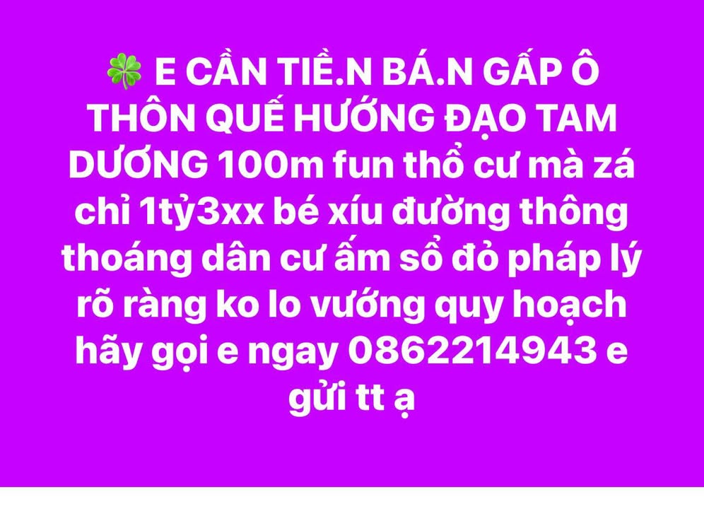 Bán Gấp Đất Thổ Cư 100m² Tam Dương, Vĩnh Phúc - Chỉ 1.3 Tỷ