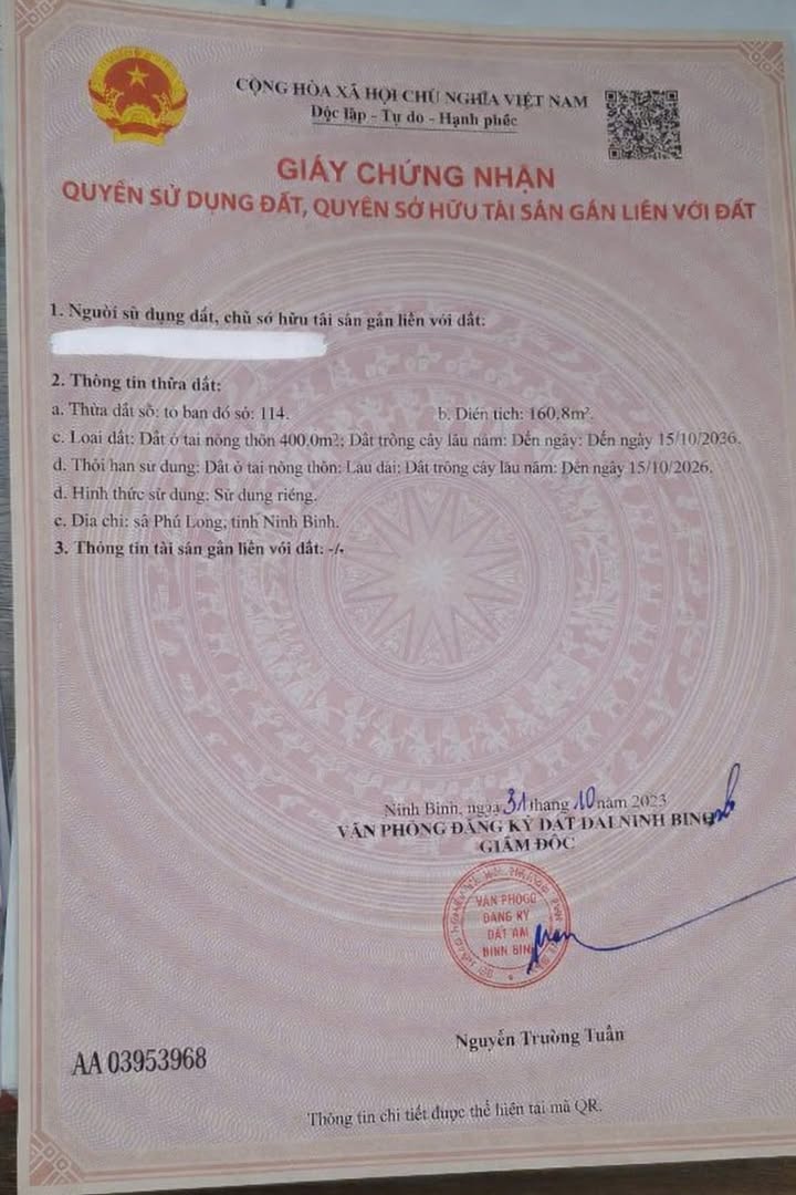 Đất Vườn Nghỉ Dưỡng 1610m² - Phú Long, Nho Quan, Ninh Bình - Sổ Đỏ Sẵn Sàng