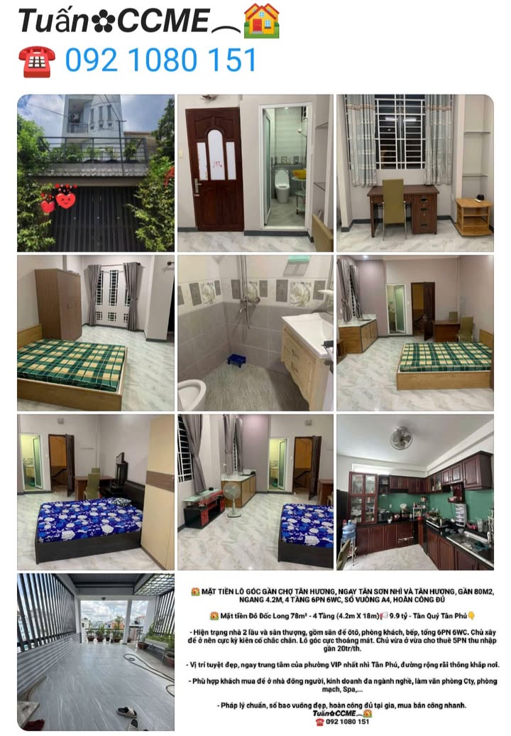 Mặt tiền lô góc Đô Đốc Long, Tân Phú - 78m², 4 Tầng, 6PN - 9.9 Tỷ