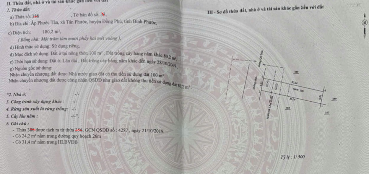 Bán Gấp Đất 180m² Thổ Cư 100m² Tại Đồng Phú, Bình Phước - Sổ Sẵn Sàng