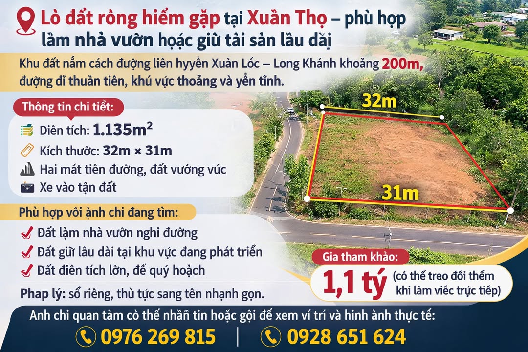 Đất Vườn 1135m² Xuân Lộc - Hai Mặt Tiền, Giá 1.1 Tỷ