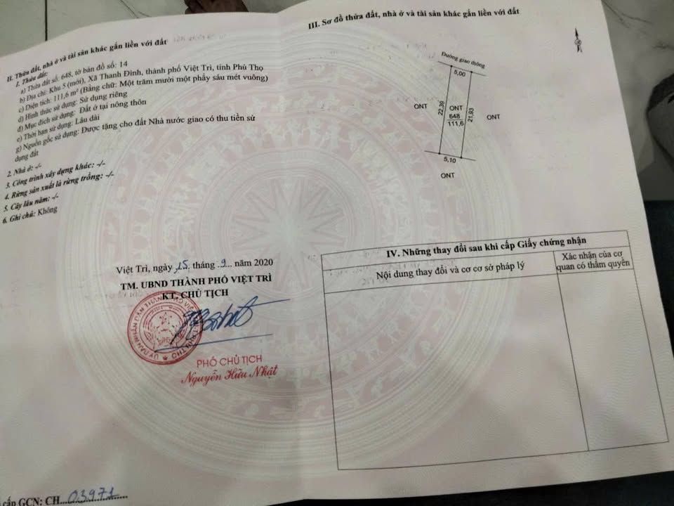 Bán Đất 111.6m² Thổ Cư Sổ Đỏ Chính Chủ Tại Việt Trì - Giá 1 Tỷ