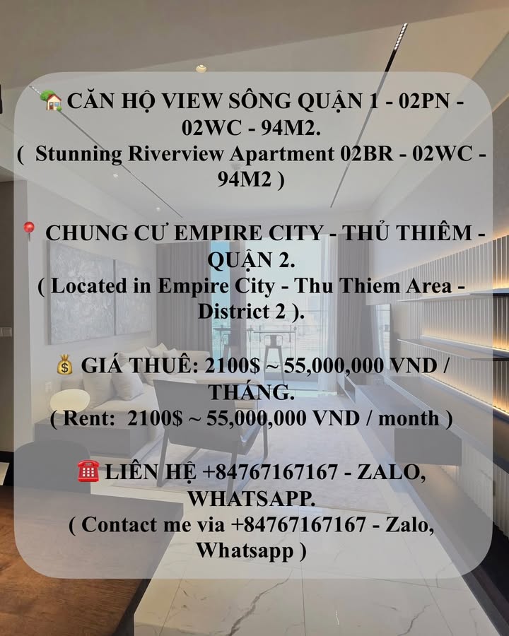 Cho thuê căn hộ Empire City 94m² view sông Quận 1 - 2PN giá 55 triệu