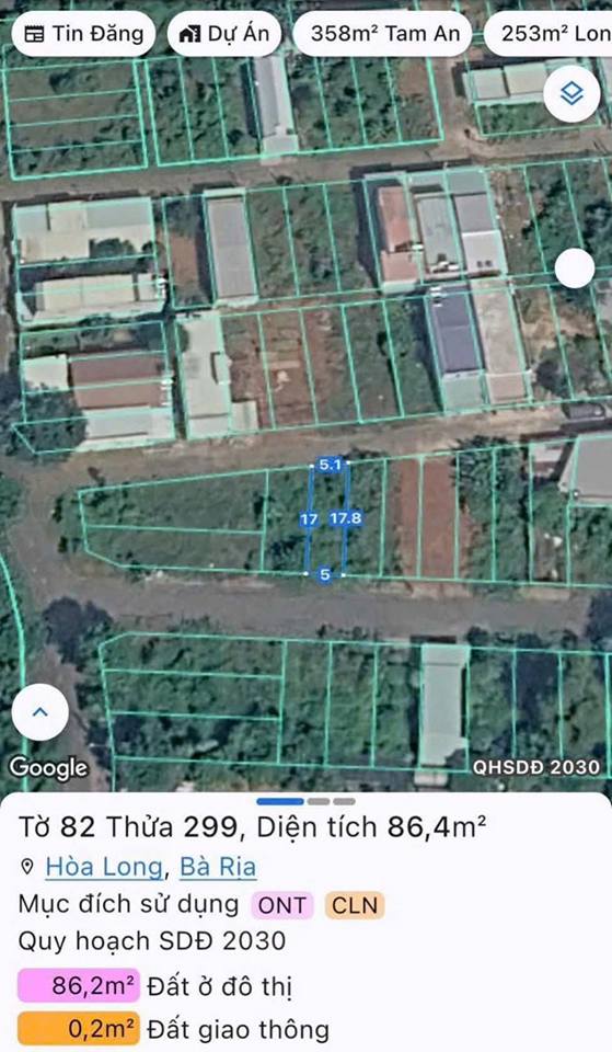 Bán Đất 86.4m² Mặt Tiền 2 Hướng Tại Hoà Long, TP Bà Rịa - Giá 1.55 Tỷ