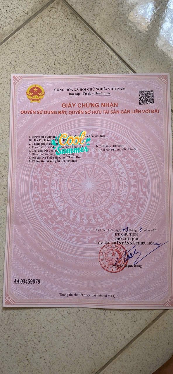 Đất nền 100.8m² mặt tiền 6.5m, Xã Thiệu Nguyên, Thanh Hóa - Giá 1.3 tỷ