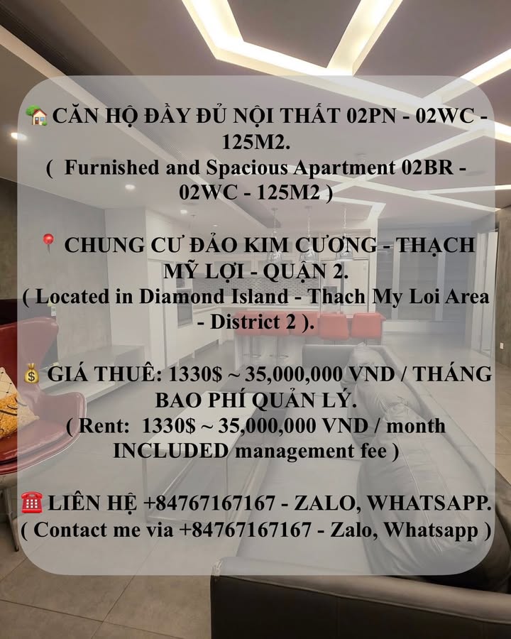 Căn hộ Đảo Kim Cương Thủ Đức 125m² - Đầy đủ nội thất, Giá 35 Triệu/tháng