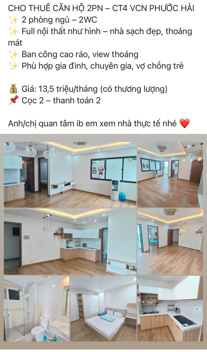 Cho thuê căn hộ 2PN CT4 VCN Phước Hải, Nha Trang - Full nội thất, giá tốt