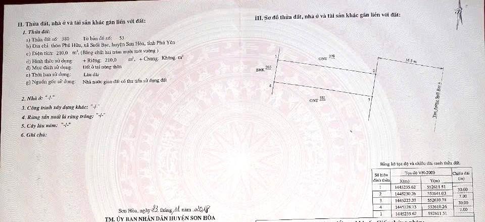 Đất MT Suối Bạc 4, Sơn Hòa (210m²) - Vị trí đắc địa, Thổ cư 100%