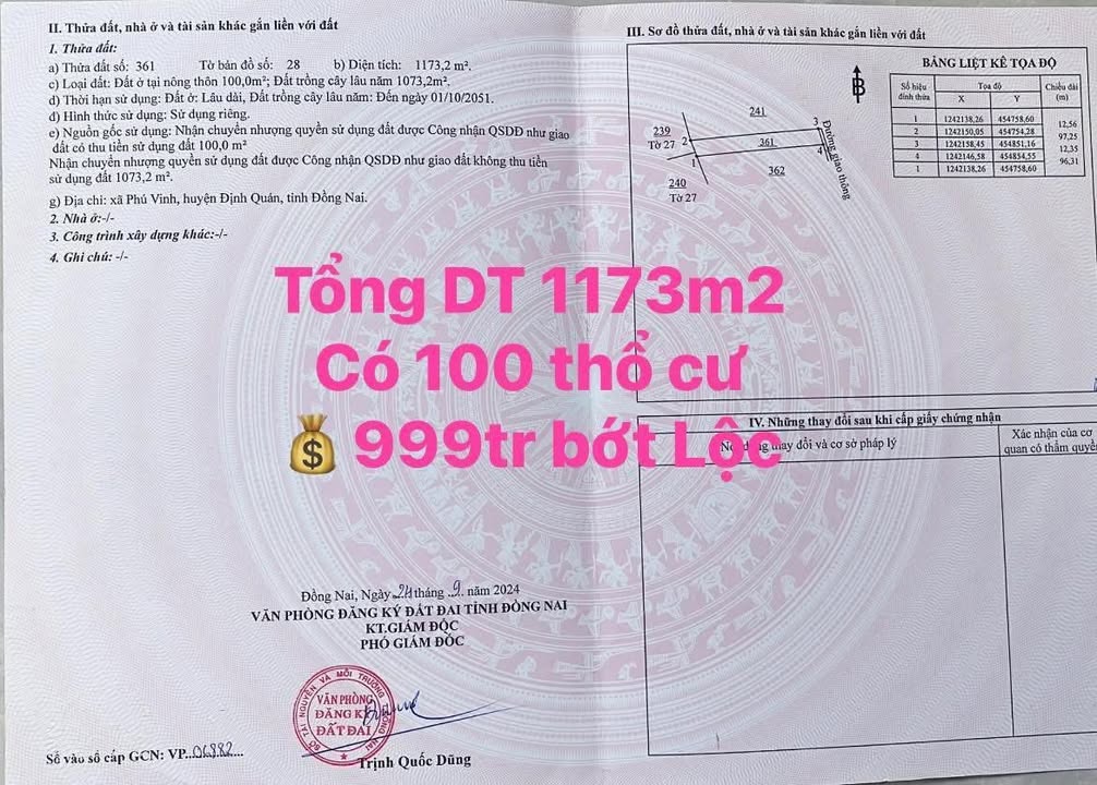 Đất Nền Phú Vinh, Biên Hòa 1173m² - Sổ Hồng Thổ Cư, Giá 999 Triệu