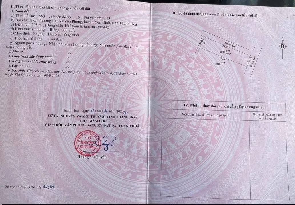 Đất Đầu Ve Phượng Lai, Yên Định 208m² Hướng Đông Nam - Giá Thỏa Thuận