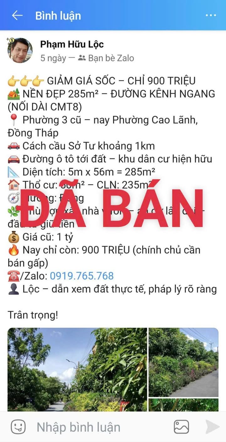 Đất nền 285m² Đường Kênh Ngang, P.3, TP Cao Lãnh - Giá tốt đầu tư