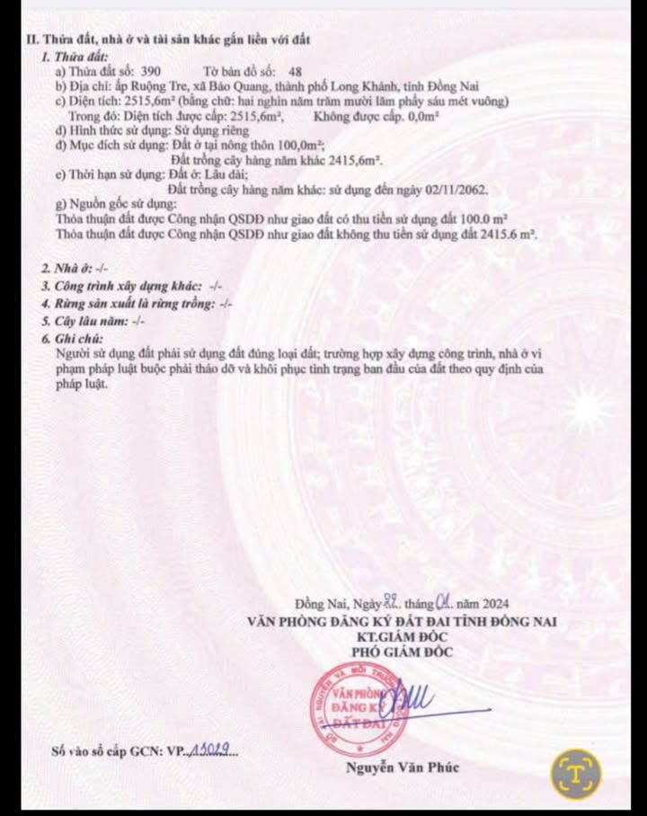 Đất Vườn 2500m² Sổ Đỏ Phường Bảo Vinh, Long Khánh - Giá 2.1 Tỷ