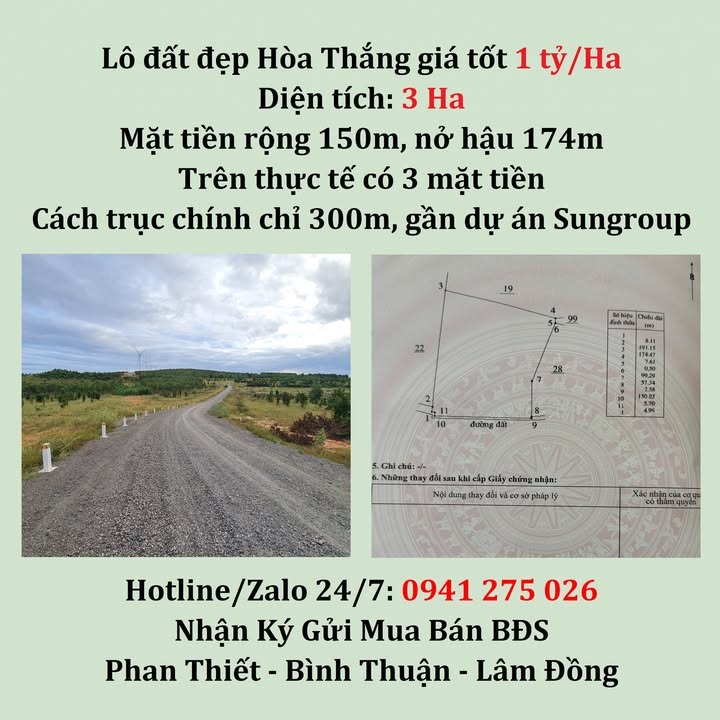 Bán Đất Nền 30.000m² Hòa Thắng - Ngay Dự Án Sungroup - Giá Đầu Tư 1 Tỷ/Ha