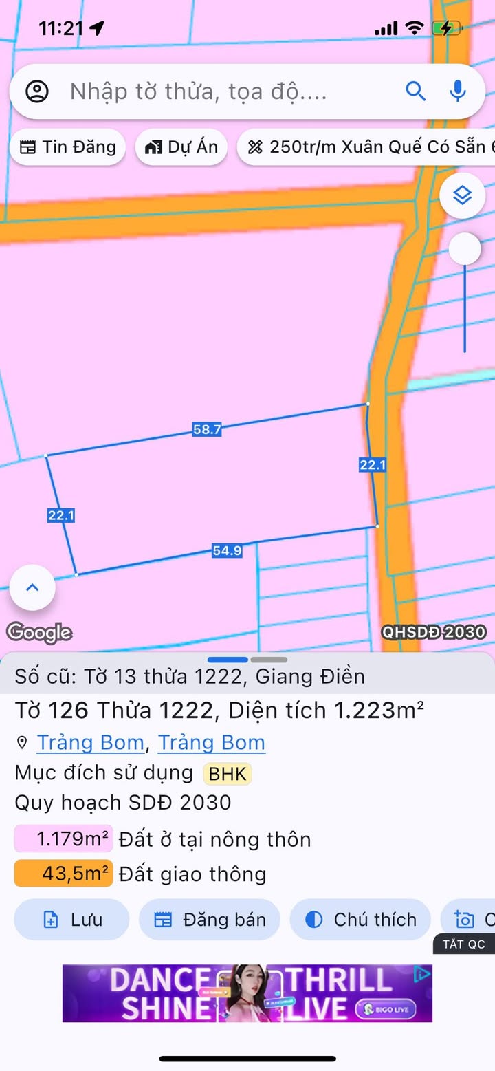 Đất Vườn Giang Điền 1223m² - Sổ Hồng Full - Giá 2.9 Tỷ