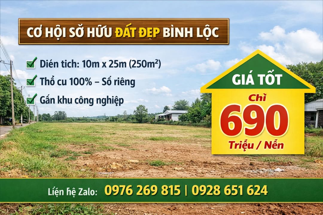 Đất Nền Bình Lộc, Trảng Bom 250m² - Sổ Riêng, Giá 690 Triệu