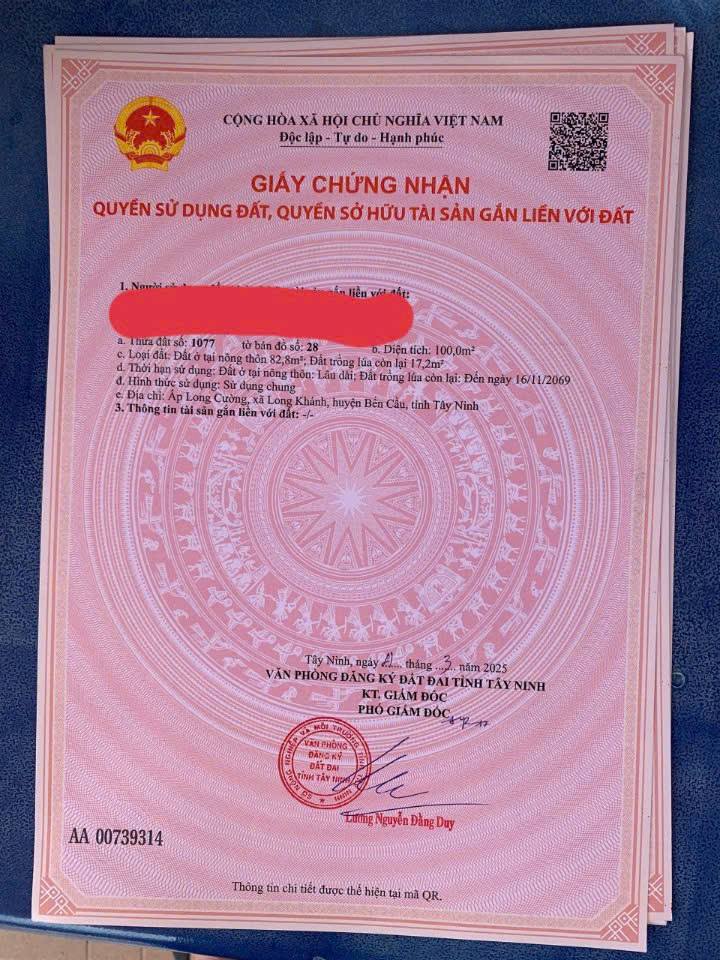 Đất Nền Sổ Hồng 100m² Ấp Long Cường, Bến Cầu, Tây Ninh - Giá Tốt 210 Triệu