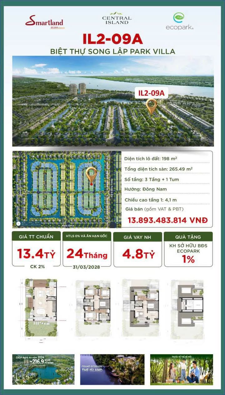 Biệt thự Song Lập Park Villas Ecopark 198m² - Hướng Đông Nam - 13.8 Tỷ