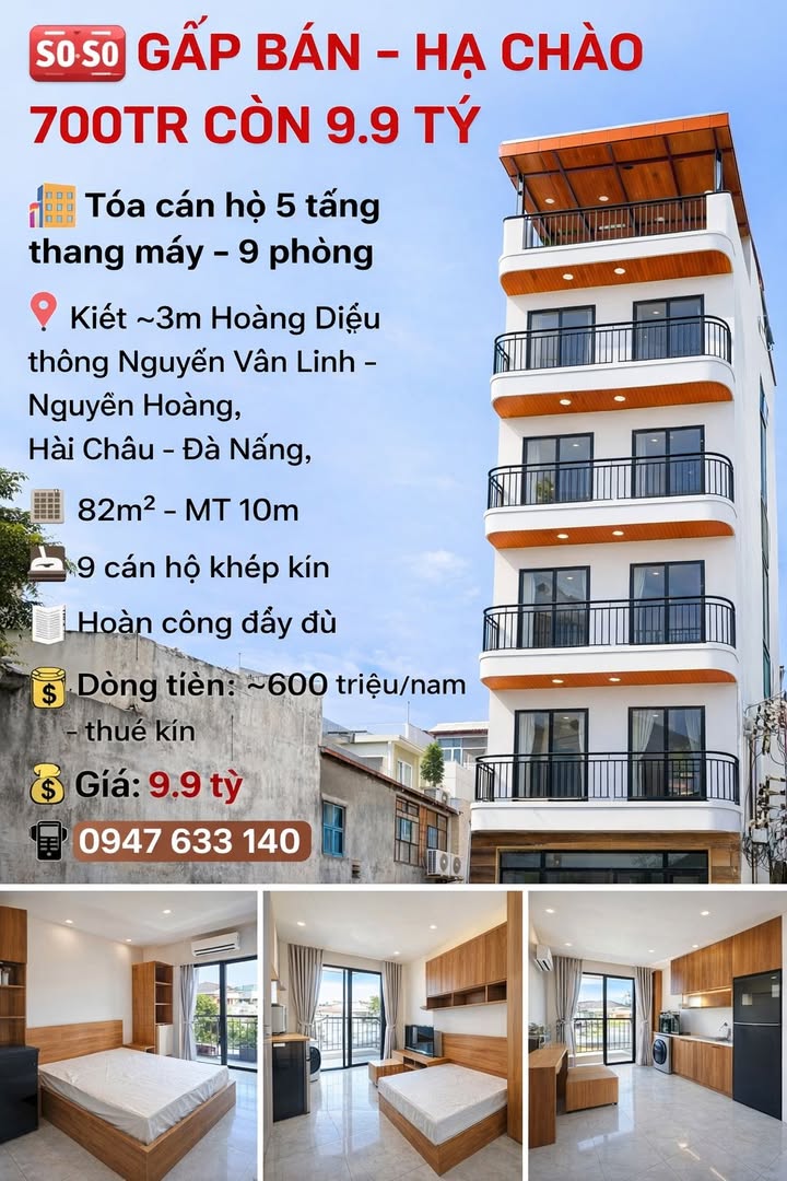 Bán Tòa Căn Hộ 5 Tầng Thang Máy Hoàng Diệu, Hải Châu - 9PN, Dòng Tiền 600 Triệu/Năm