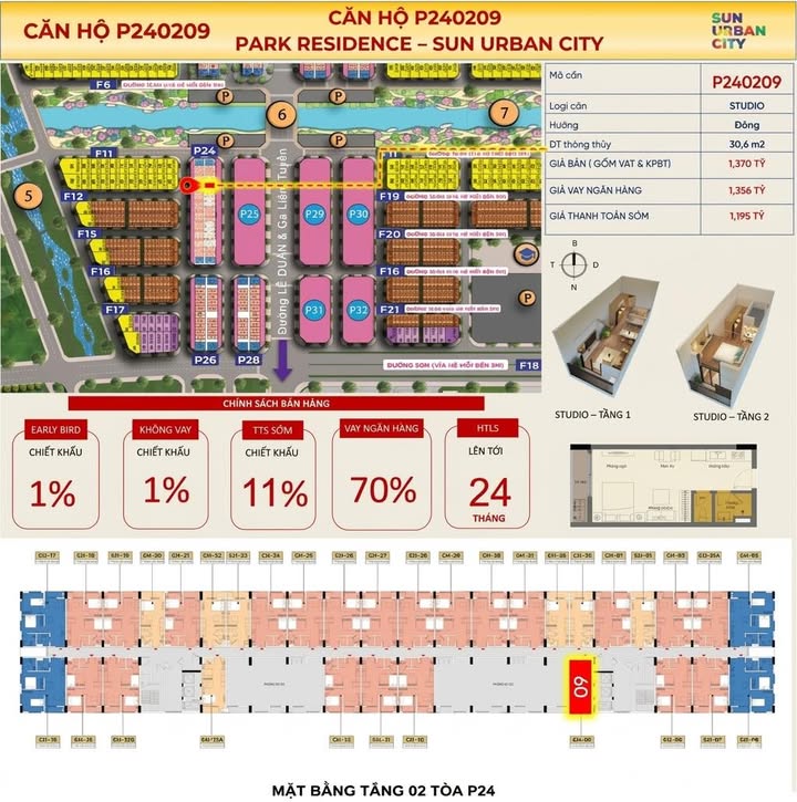 Căn hộ Studio 2 tầng Sun Urban City - 30.6m² - Chỉ từ 1.1 tỷ