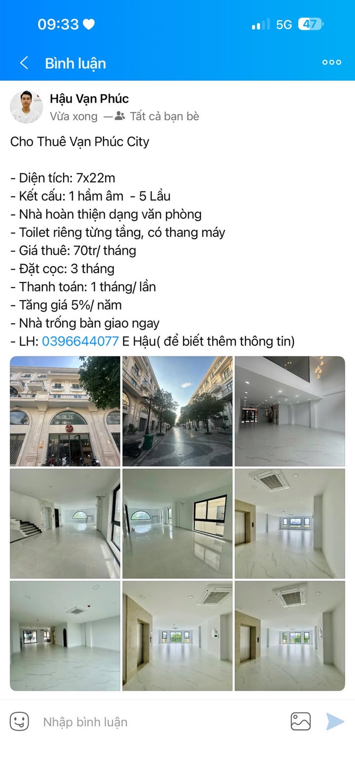 Văn Phòng Vạn Phúc City - 154m² (7x22m) - 5 Tầng - 70 Triệu/tháng