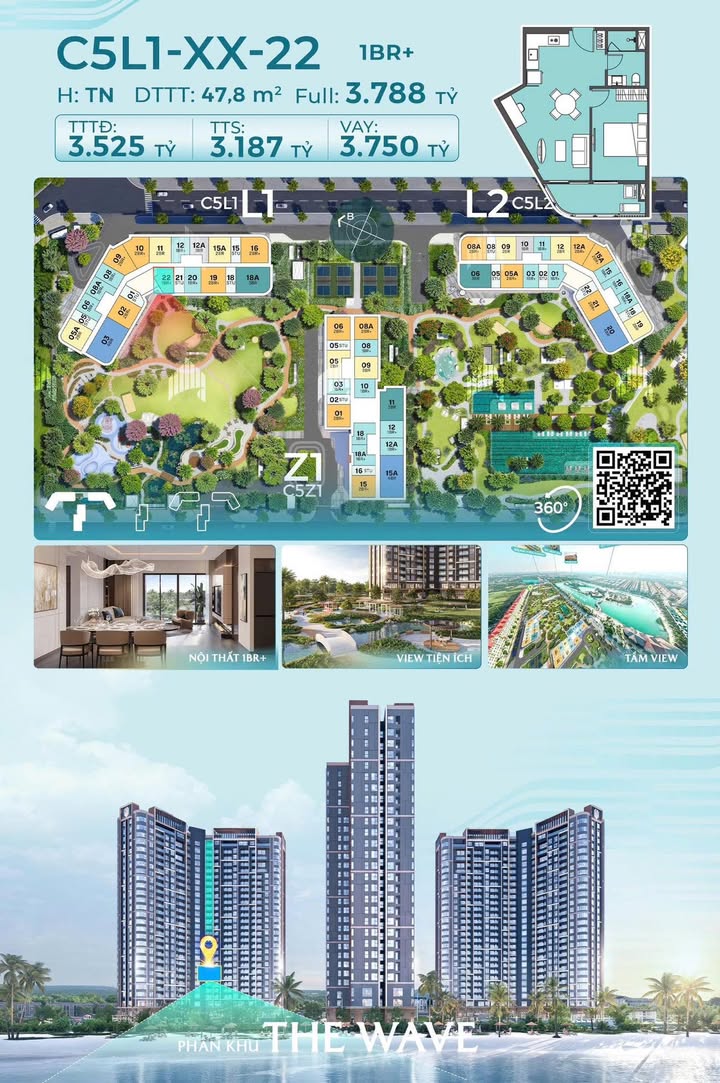 Căn hộ 1PN Masteri Grand Coast 47.8m² - View Biển Hồ, Ưu đãi hấp dẫn