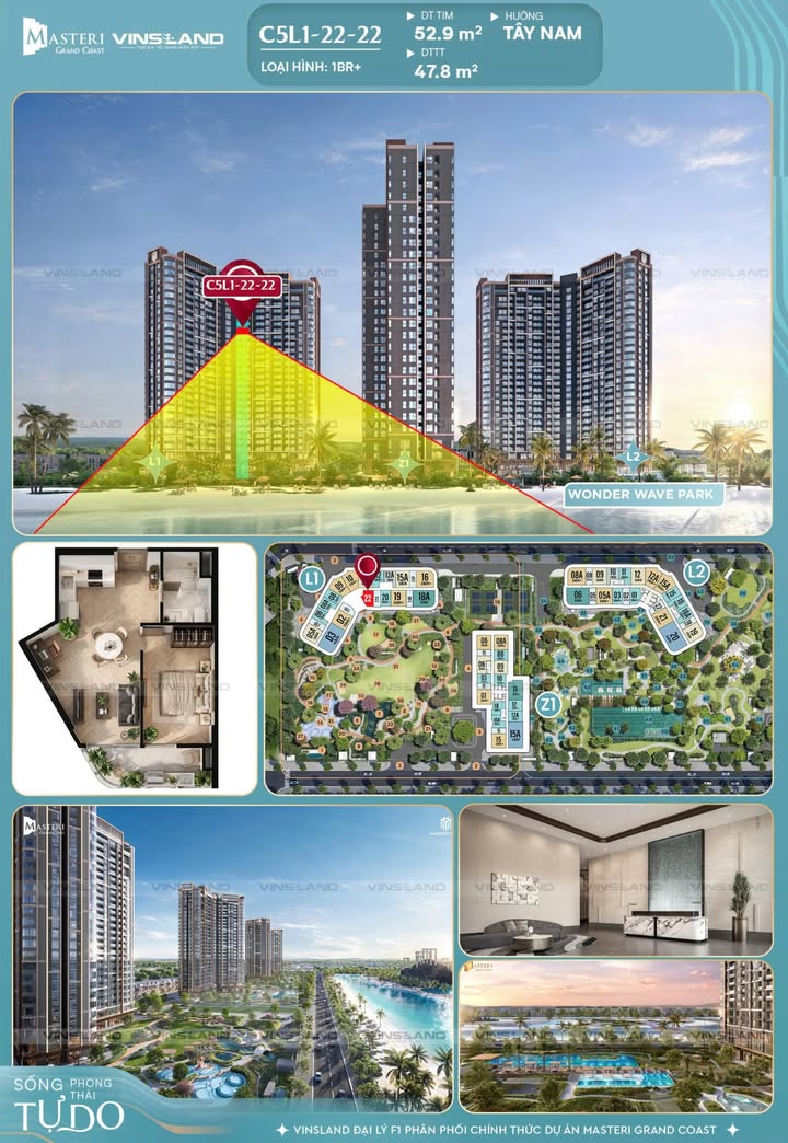 Căn hộ 1PN+ Masteri Grand Coast 47.8m² - View Biển Hồ Royal Wave Park