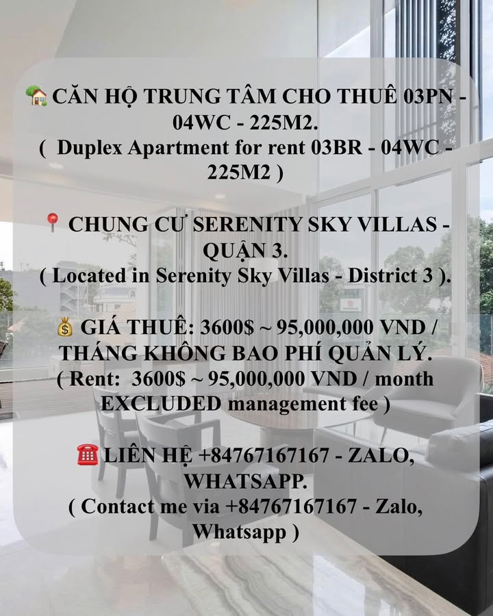 Cho thuê Căn hộ Duplex Serenity Sky Villas 225m² - Trung tâm Quận 3, view đẹp