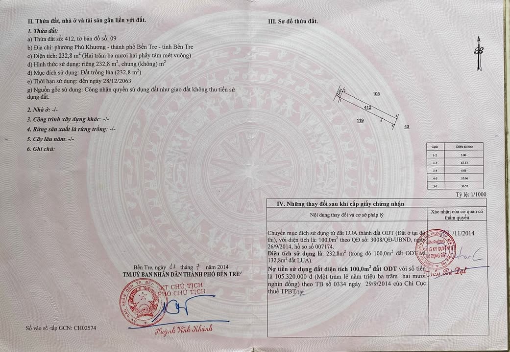 Bán Đất Vườn 515m² Sổ Hồng Tách Sổ, Tới Nhà, Bến Tre