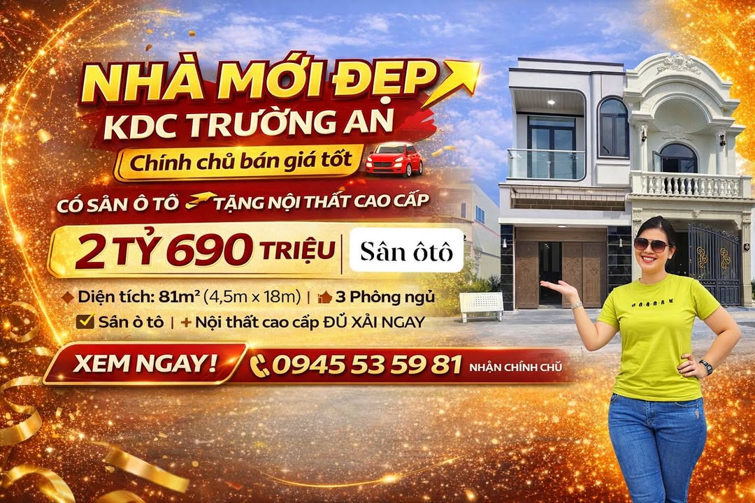 Nhà 4PN KDC Trường An Vĩnh Long - Sân Ô Tô, Full Nội Thất - 2.69 Tỷ