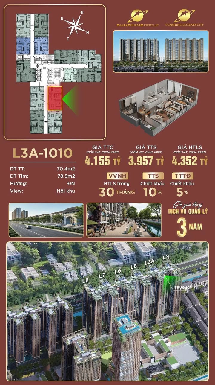 Chung cư Sunshine Legend City 70m² (2PN) - Giá 3.9 Tỷ - View Nội Khu Xanh Mát