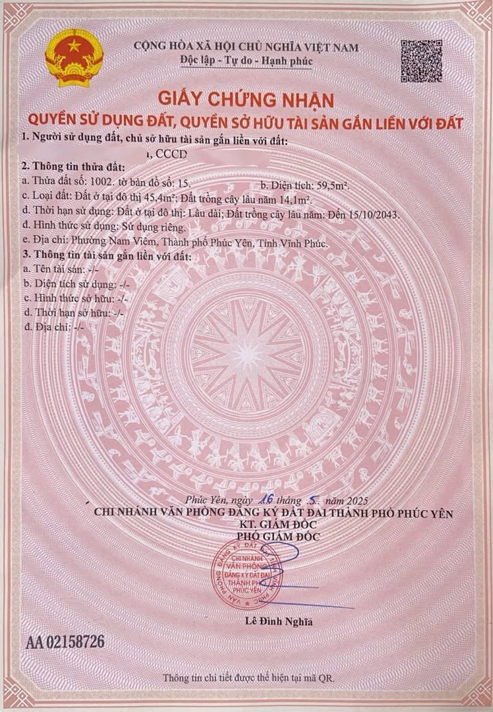 Đất nền Nam Viêm Phúc Yên 60m² 950 triệu - Sổ đỏ chính chủ