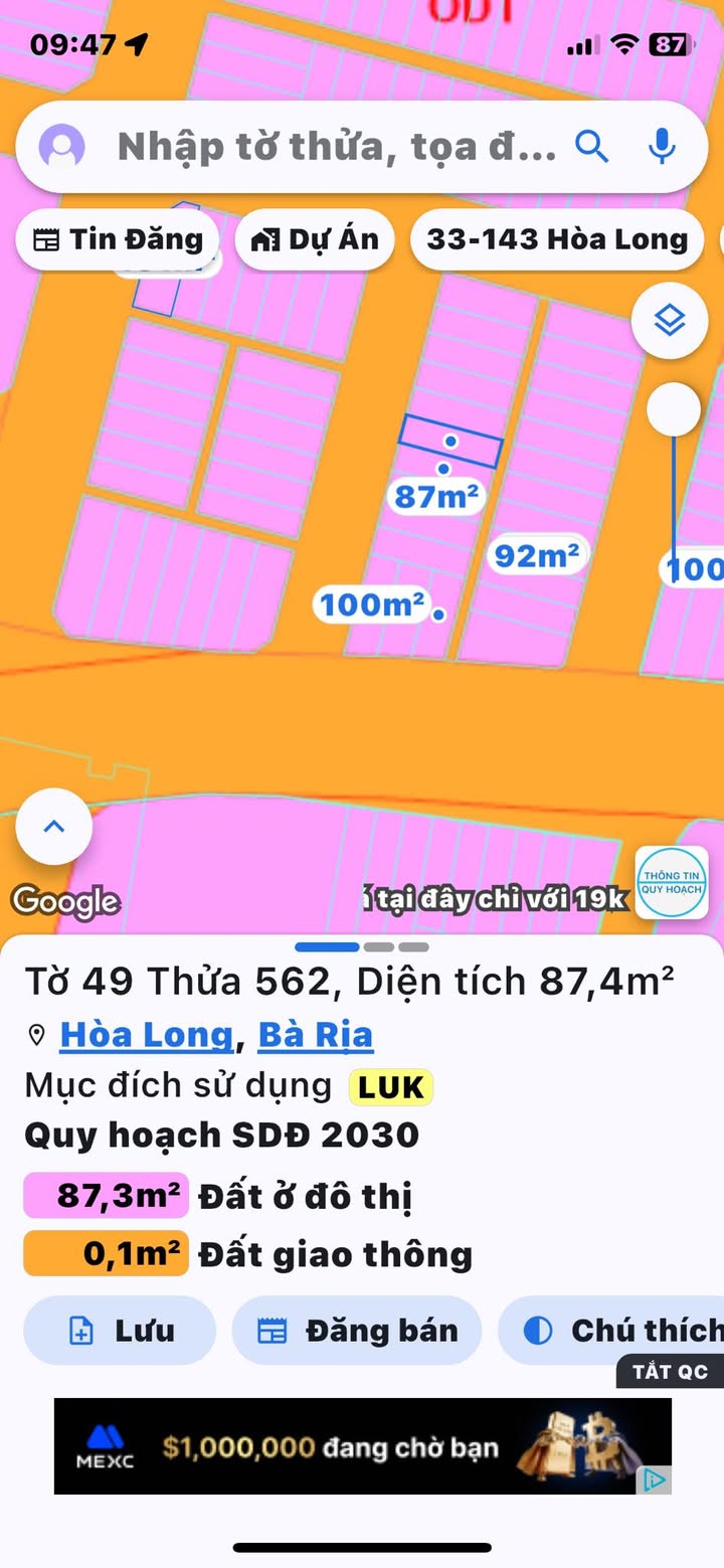 Bán Đất Thổ Cư 87m² Hòa Long, TP Bà Rịa - Sổ Đỏ Rõ Ràng