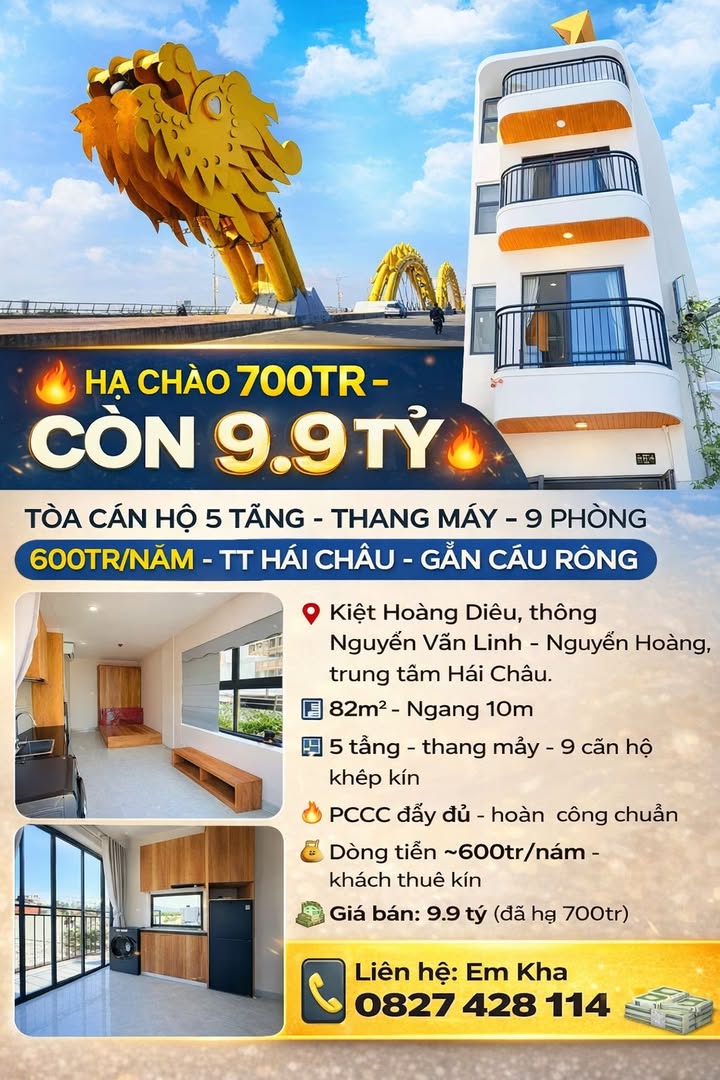 Căn hộ 5 tầng thang máy 82m² trung tâm Hải Châu, Đà Nẵng - Giá 9.9 tỷ