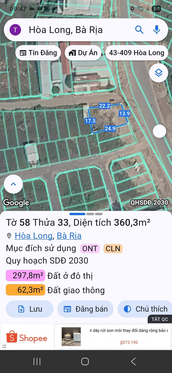 Bán Đất 2 Mặt Tiền Hương Lộ 2 Bà Rịa 360m² - Giá 9.2 Tỷ
