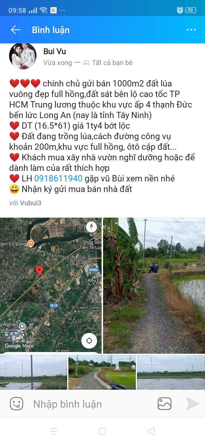 Bán Gấp Đất Lúa 1000m² Long An - Sổ Hồng Riêng, Giá 1.4 Tỷ