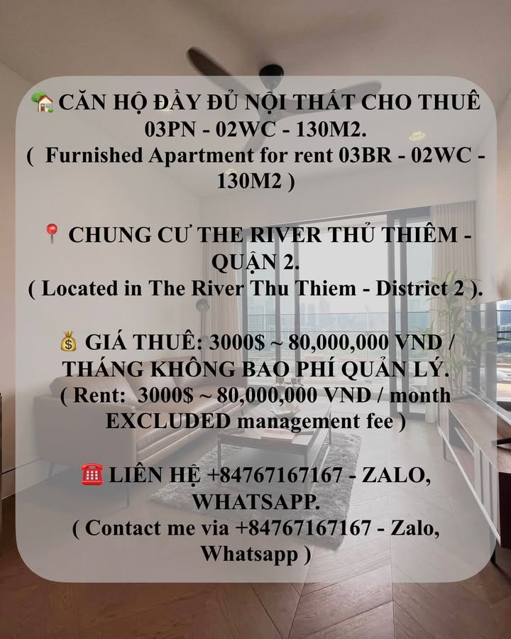 Cho thuê Căn hộ The River Thủ Thiêm 130m² 3PN - Full Nội Thất Cao Cấp