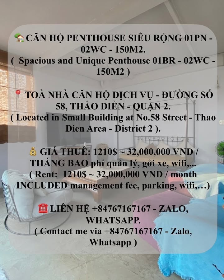 Penthouse 150m² Thảo Điền, Quận 2 - Giá 32 Triệu/tháng, Bao Phí