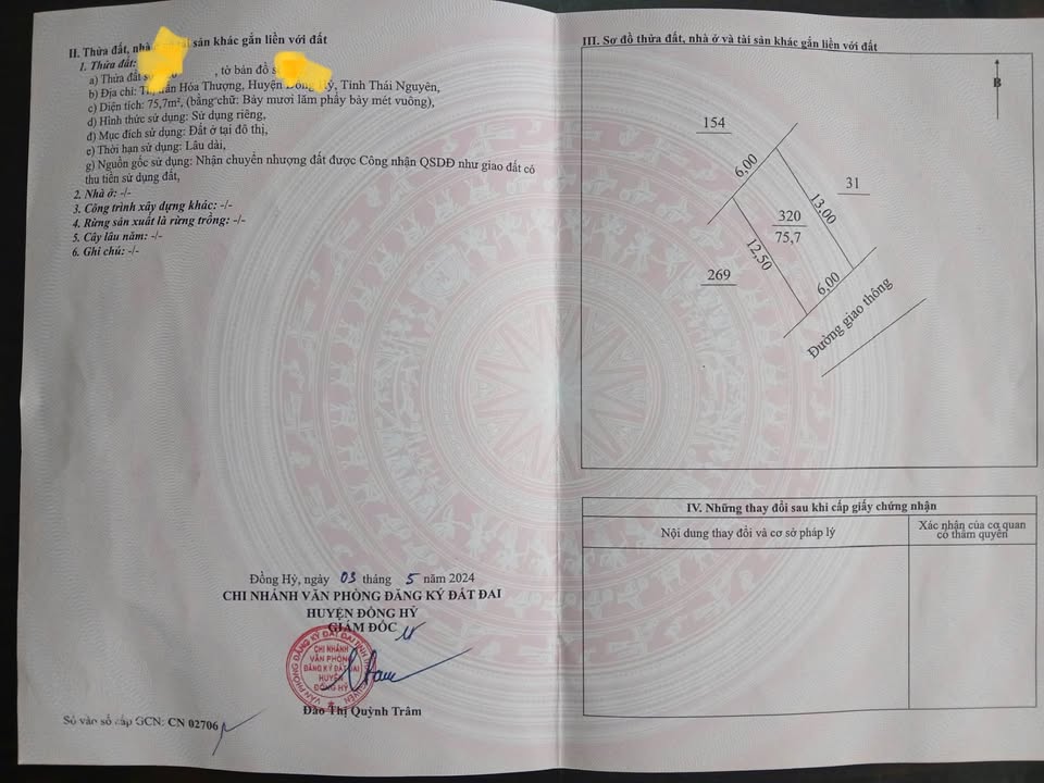 Đất thổ cư 76m² Thị trấn Hóa Thượng, Đồng Hỷ - Sổ hồng sẵn, giá 1 tỷ