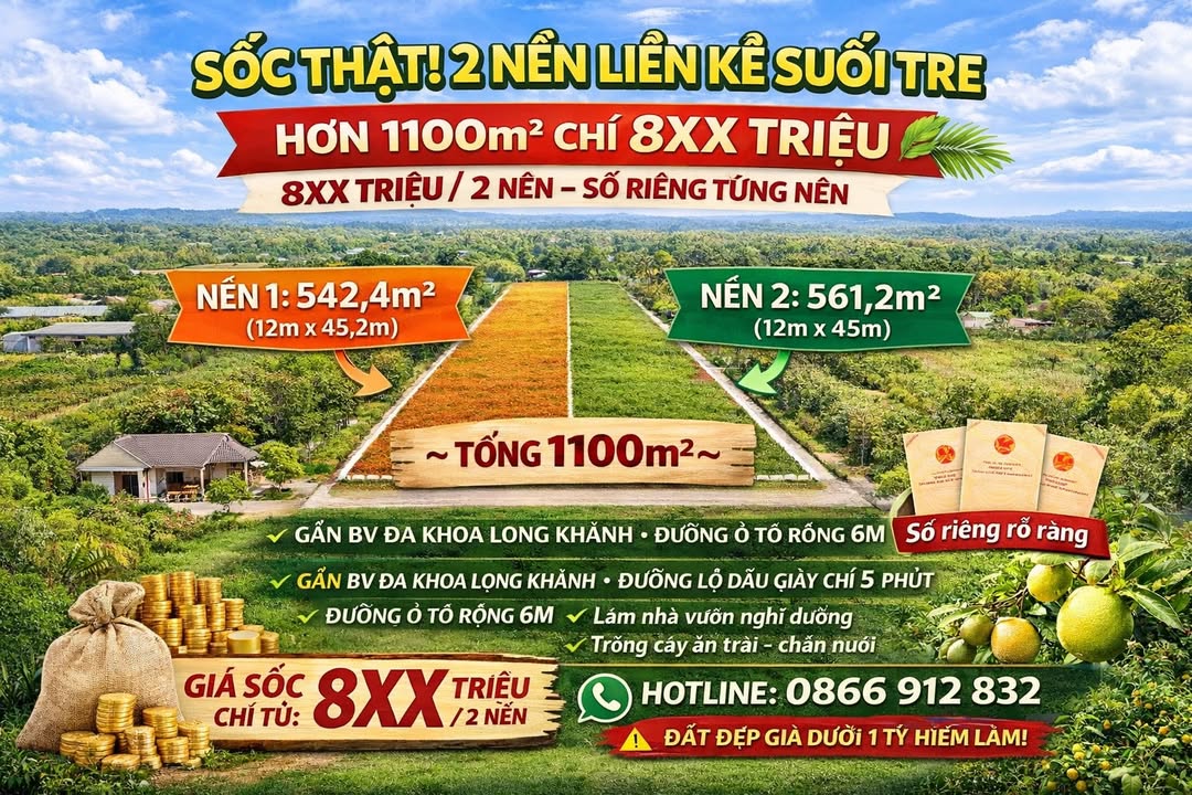 Đất nền Suối Tre, Long Khánh 1100m² - Sổ riêng từng nền, giá 8xx triệu
