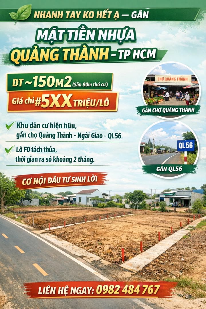 Đất Nền Mặt Tiền Nhựa Quảng Thành 150m² - Giá Chỉ 5xx Triệu