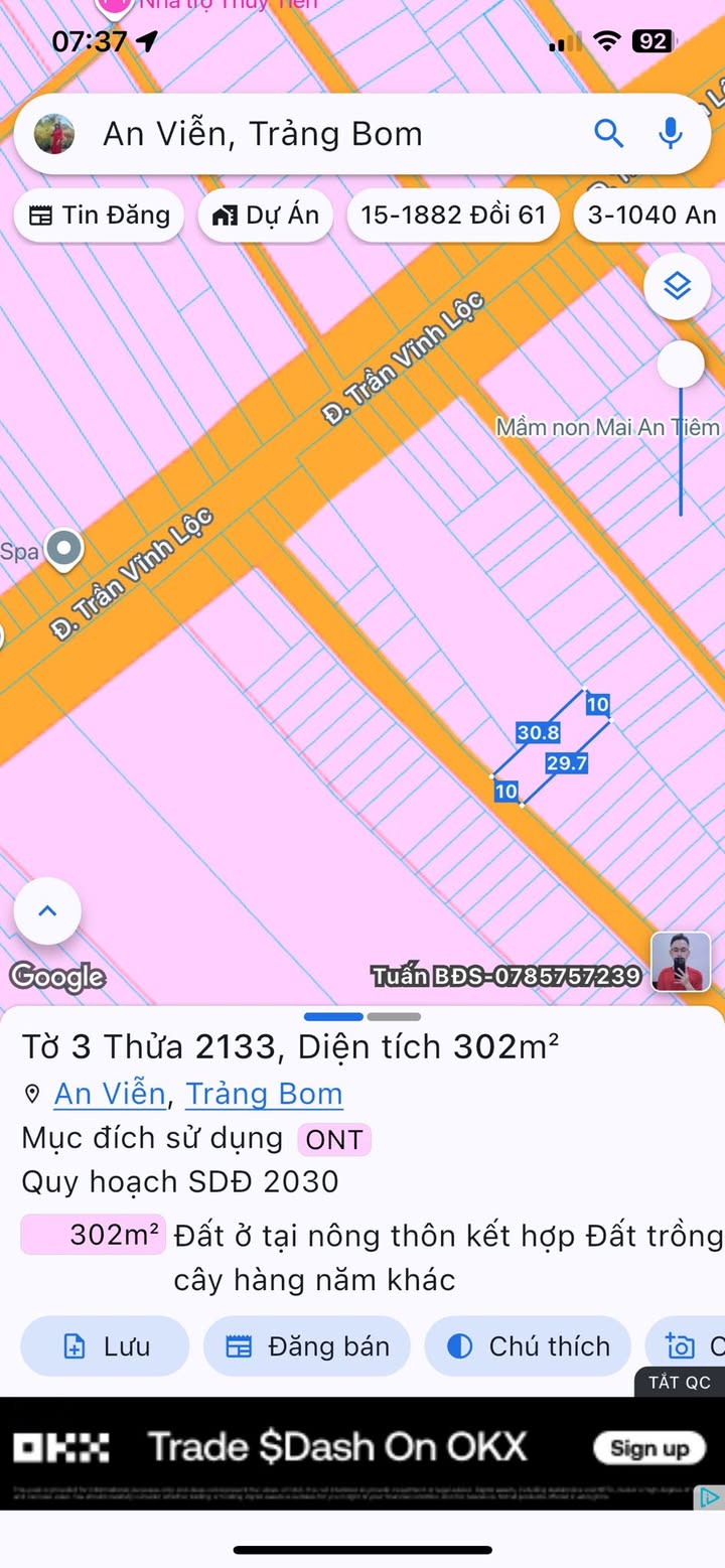 Đất 300m² thổ cư full sổ riêng, mặt tiền Trần Vĩnh Lộc, Trảng Bom - Giá 2.9 tỷ