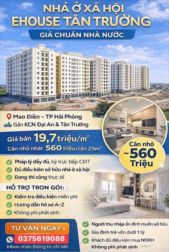Nhà ở Xã hội Ehouse Tân Trường - Căn hộ 68m² 3PN Giá Tốt