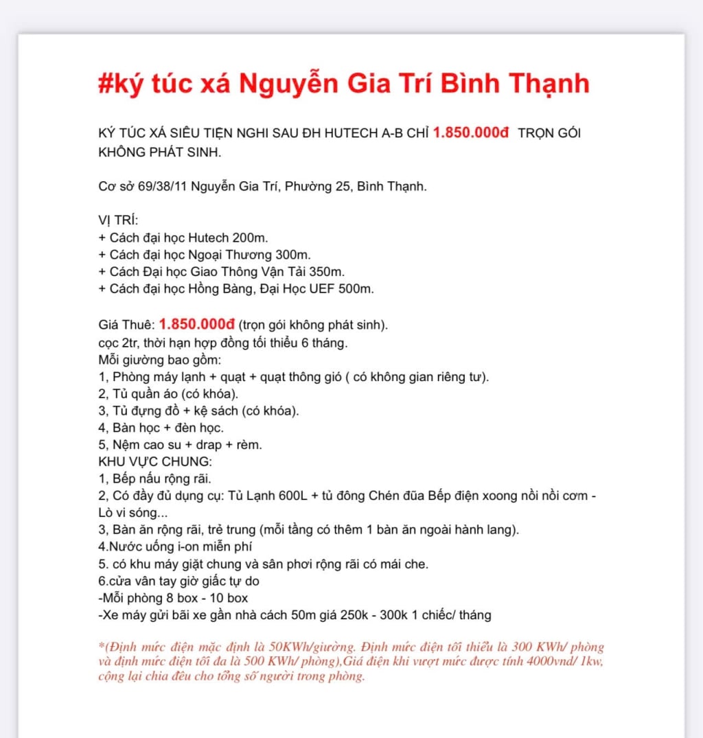 Ký Túc Xá Nguyễn Gia Trí - Bình Thạnh Giá 1.85 Triệu - Gần Hutech