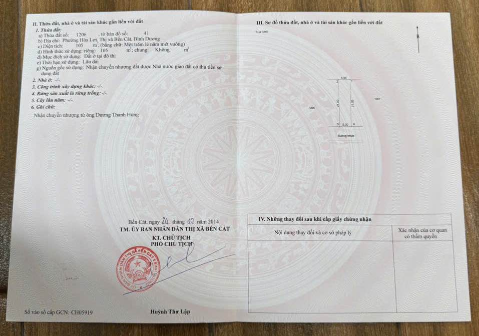 Đất Nền Hoà Lợi Tân Uyên 105m² - Sổ Hồng Thổ Cư, Giá Đầu Tư 1.7 Tỷ