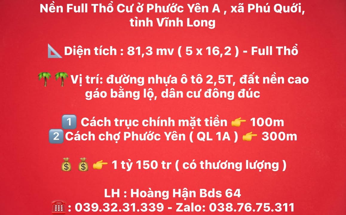 Bán Đất Full Thổ Cư Long Hồ 81.3m² - Sổ Hồng Sẵn Sàng