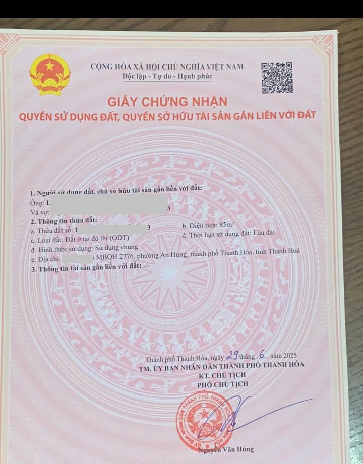 Đất nền MT Trịnh Huy Quang (85m²) - Đối diện UB Phường An Hưng, Thanh Hóa