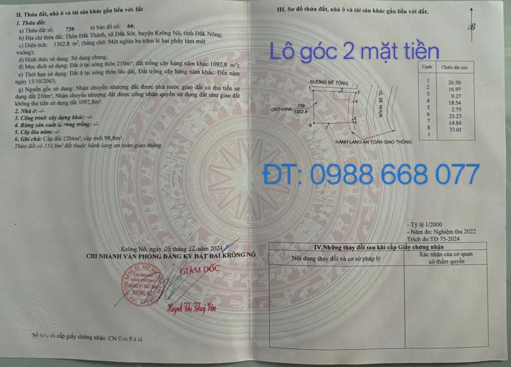 Bán đất góc 2 mặt tiền Đắk Thành, Lâm Đồng – 1302m² – Sổ hồng riêng