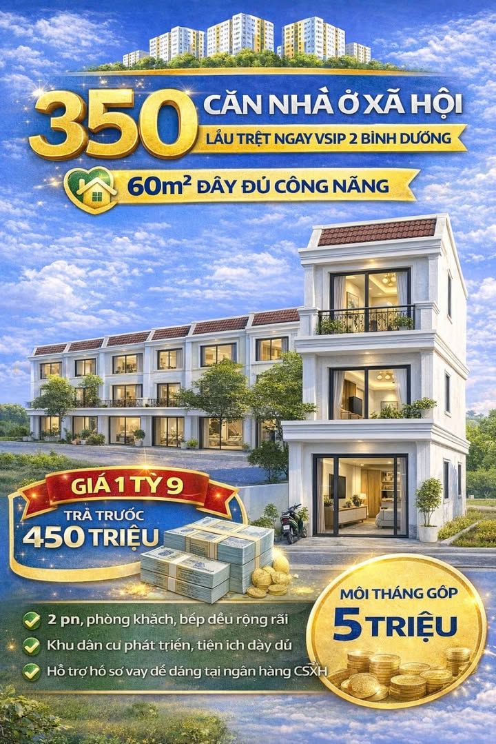 Nhà Xã Hội 3PN 60m² - 1.9 Tỷ Tại Thủ Dầu Một, Bình Dương - Gần Visip 2