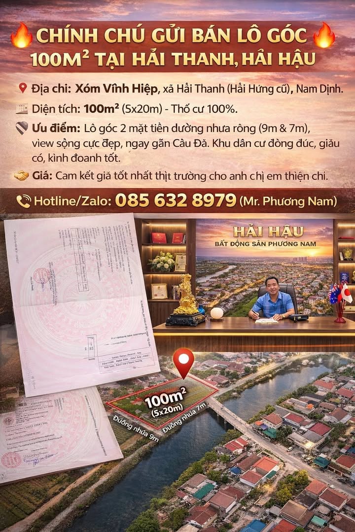 Bán Đất Lô Góc 100m² Hải Thanh, Hải Hậu - View Sông Đẹp, Kinh Doanh Tốt